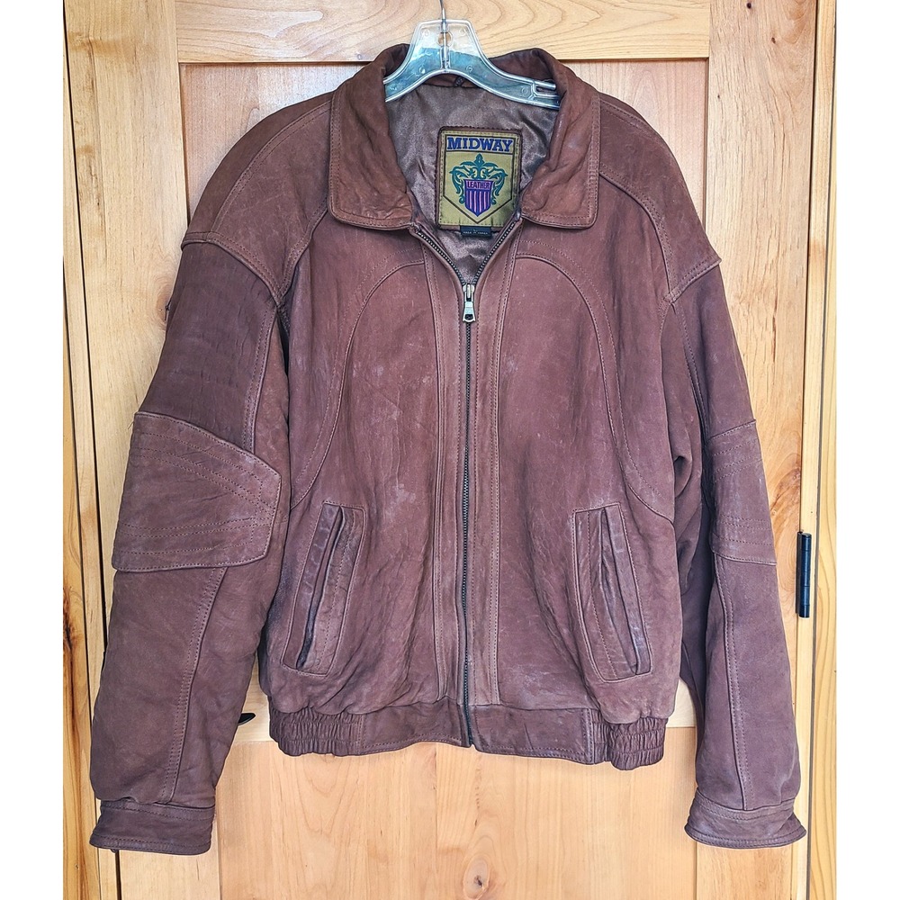 Vintage Midway Sz LARGE Brown Leather Bomber‎ Biker Motorcycle Jacket Distressed